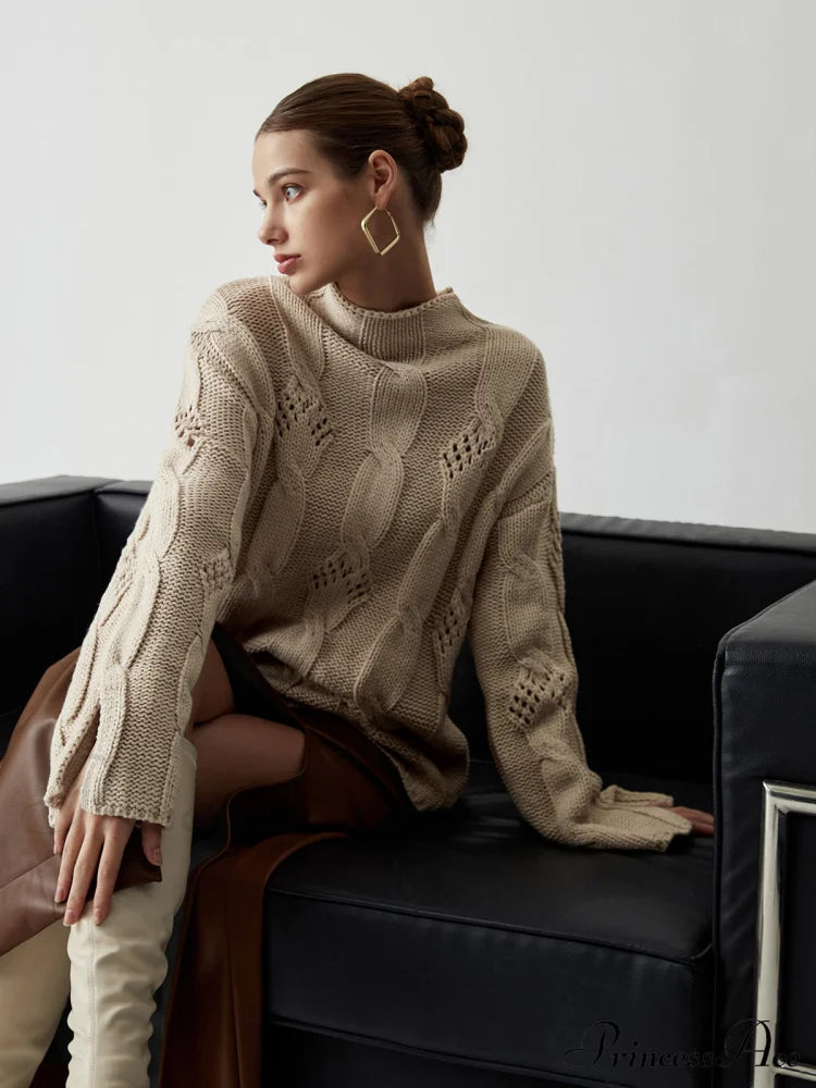 Chunky Cable Knit Trendy Mock Neck Sweater Off-White / S Sweaters-L