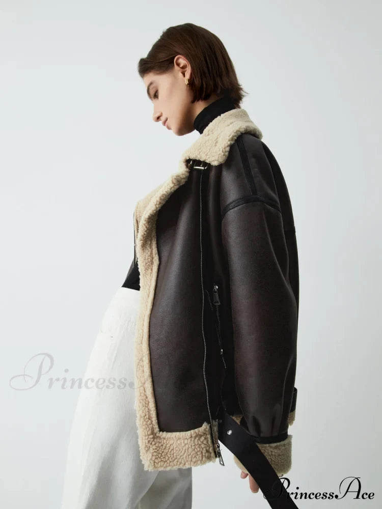 Classic Sherpa Lined Trendy Shearling Leather Flight Jacket Fleece Jackets