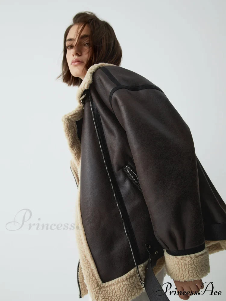 Classic Sherpa Lined Trendy Shearling Leather Flight Jacket Fleece Jackets