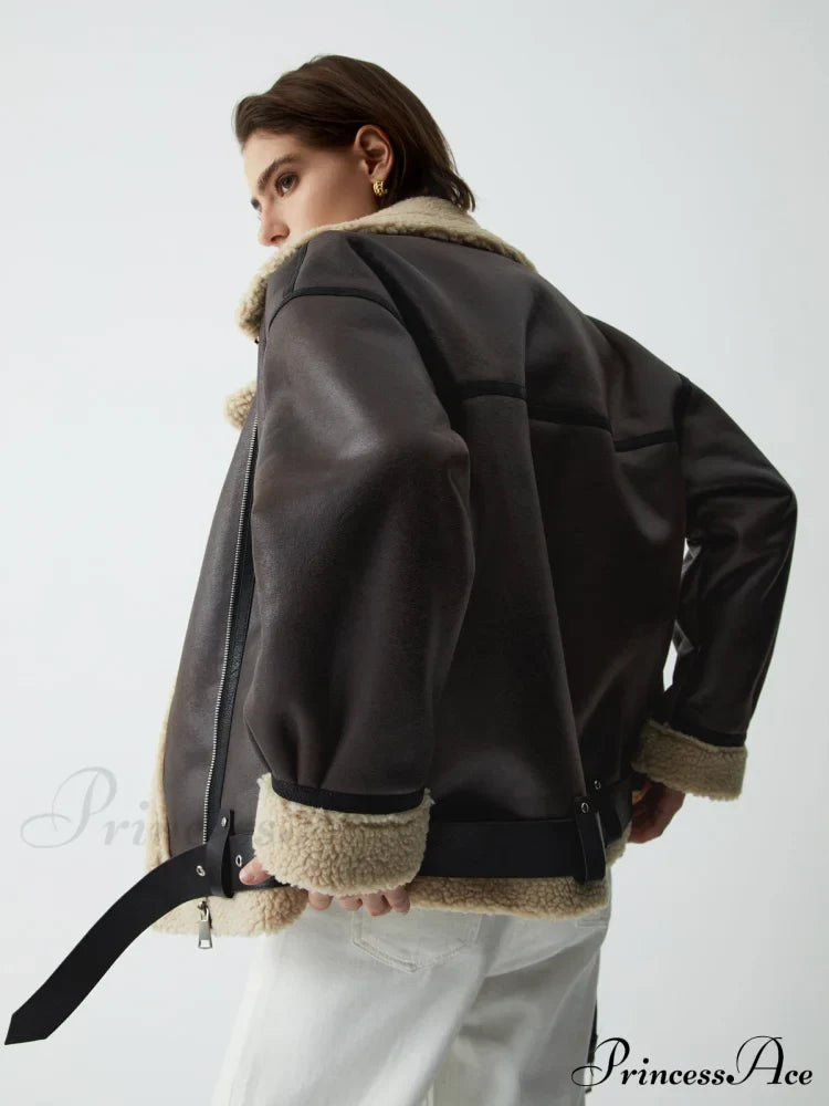 Classic Sherpa Lined Trendy Shearling Leather Flight Jacket Fleece Jackets