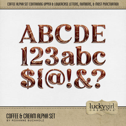 Cozy up your digital scrapbooking page titles with this tasty coffee-inspired alpha set! Great for coffee shops, time with girlfriends, morning coffee, travel to Europe, and more! The alpha set consists of a full set of digital art uppercase alphabet letters A-Z, lowercase letters a-z, numbers 0-9, and most punctuation marks. This alpha set is available as individual embellishments only. This kit is included in the Coffee Alpha Bundle.