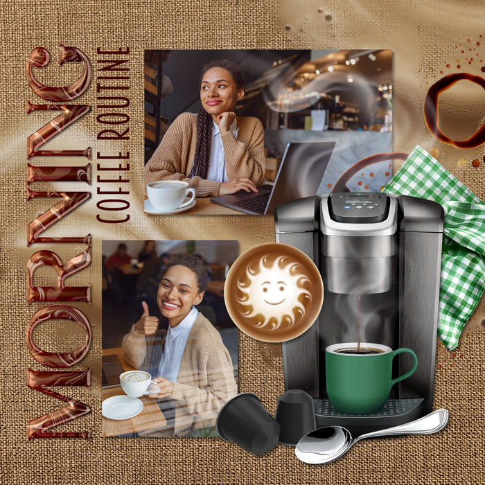 Cozy up your digital scrapbooking pages with these realistic coffee-inspired embellishments, papers, easy photo masks, and clusters by Lucky Girl Creative digital art. Great for coffee shops, time with girlfriends, morning coffee, and more! Embellishments include apron, cookie, bakery, bread loaf, donut, pastry, hot cocoa, hot chocolate, beverage, coffee cup, coffee mug, iced coffee, drink, bottle, table, cafe, chocolate, splash, coffee bag, coffee beans, branch, cappuccino, latte, coffee cart.