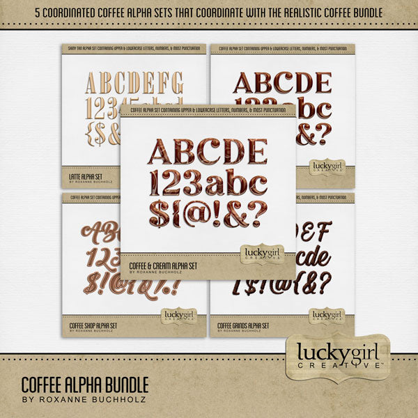 Cozy up your digital scrapbooking page titles with these tasty coffee-inspired alpha sets by Lucky Girl Creative digital art! Great for coffee shops, time with girlfriends, morning coffee, travel to Europe, and more! Each of the 5 alpha sets consist of a full set of digital art uppercase alphabet letters A-Z, lowercase letters a-z, numbers 0-9, and most punctuation marks. These alpha sets are available as individual embellishments only.