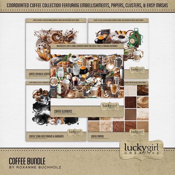 Cozy up your digital scrapbooking pages with these realistic coffee-inspired embellishments, papers, easy photo masks, and clusters by Lucky Girl Creative digital art. Great for coffee shops, time with girlfriends, morning coffee, and more! Embellishments include apron, cookie, bakery, bread loaf, donut, pastry, hot cocoa, hot chocolate, beverage, coffee cup, coffee mug, iced coffee, drink, bottle, table, cafe, chocolate, splash, coffee bag, coffee beans, branch, cappuccino, latte, coffee cart.