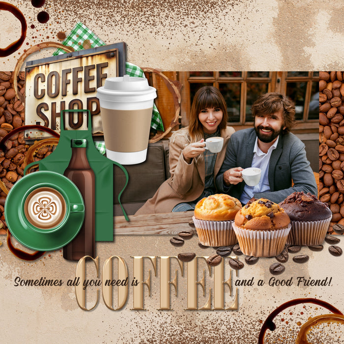 Cozy up your digital scrapbooking pages with these realistic coffee-inspired embellishments, papers, easy photo masks, and clusters by Lucky Girl Creative digital art. Great for coffee shops, time with girlfriends, morning coffee, and more! Embellishments include apron, cookie, bakery, bread loaf, donut, pastry, hot cocoa, hot chocolate, beverage, coffee cup, coffee mug, iced coffee, drink, bottle, table, cafe, chocolate, splash, coffee bag, coffee beans, branch, cappuccino, latte, coffee cart.