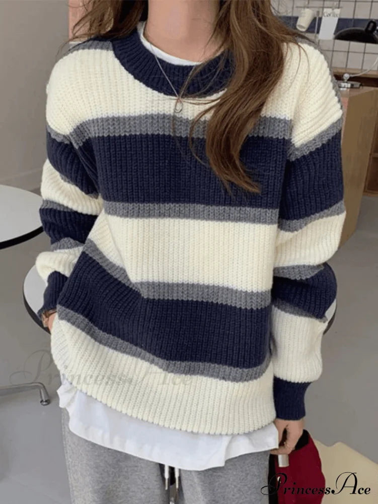 Color Block Striped Trendy Knit Crop Top Blue / One Size Sweaters