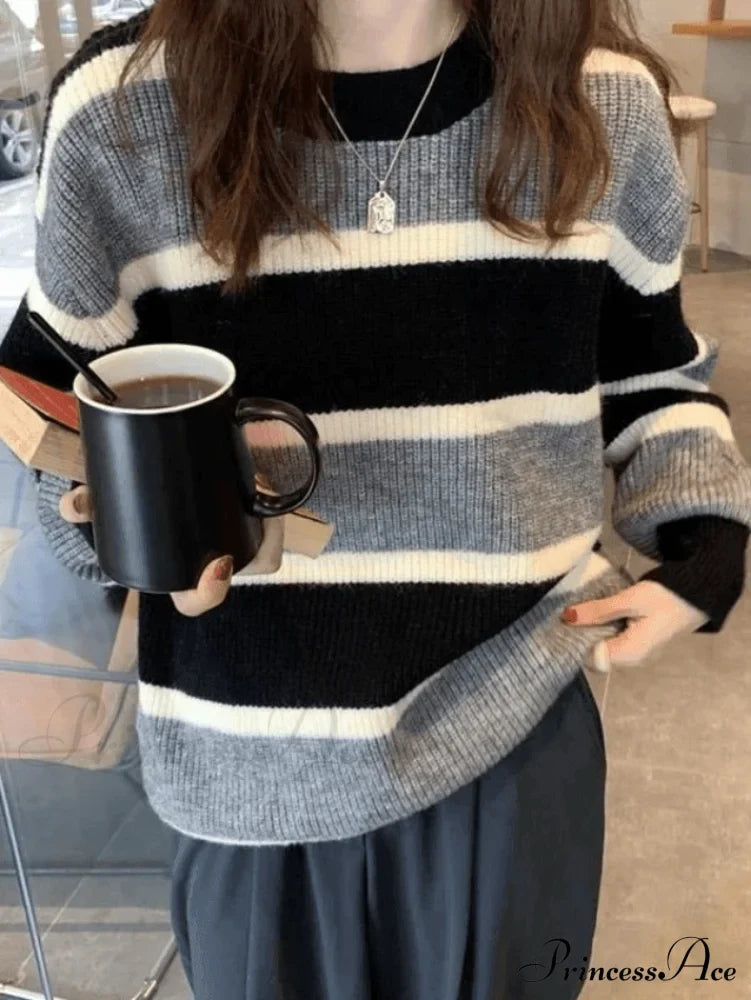 Color Block Striped Trendy Knit Crop Top Gray / One Size Sweaters