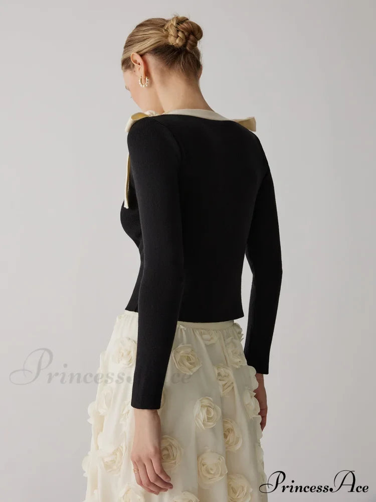Contrast Bow Crew Trendy Neck Knit Top Sweaters-L