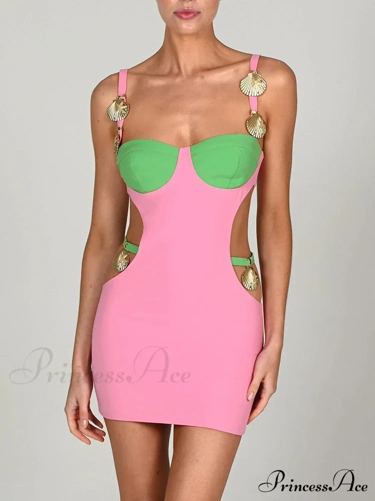 Contrast Color Side Cut Charm Strap Dress Free From Label