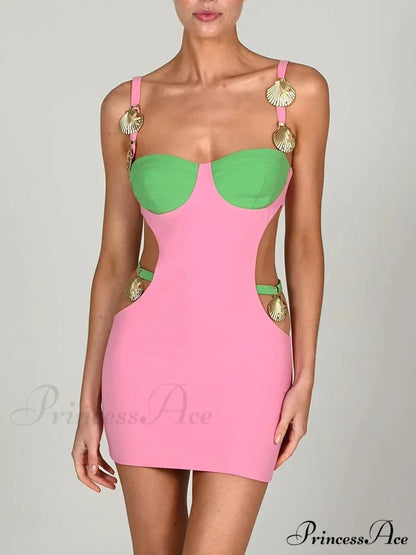 Contrast Color Side Cut Charm Strap Dress Free From Label