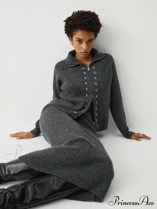 Contrast Stitches Two Way Zip Classic Long Sleeve Piece Skirt Set Grey / S Sweaters-L
