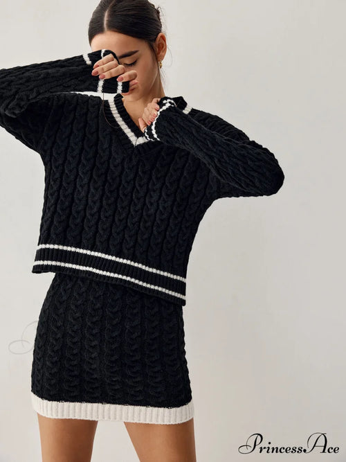 Contrast Trim Cable Knit Modern Sweater With Matching Skirt Black / Xs Sweaters-L