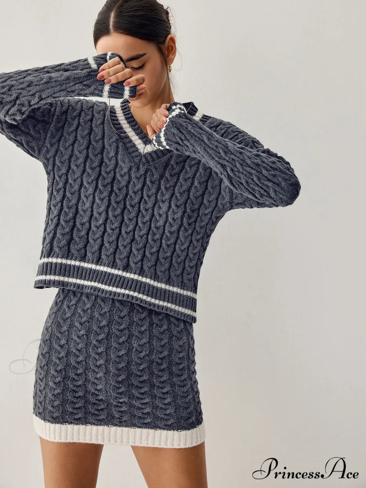 Contrast Trim Cable Knit Modern Sweater With Matching Skirt Grey / Xs Sweaters-L
