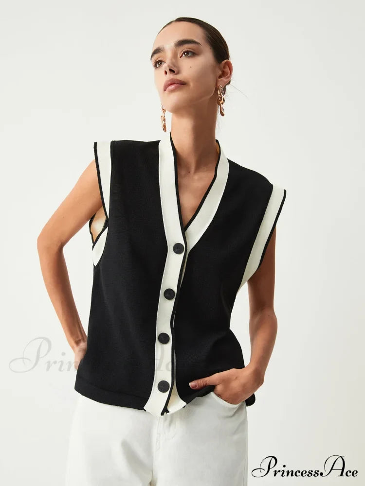 Contrast Trim Graceful Sweater Vest Sweaters-L