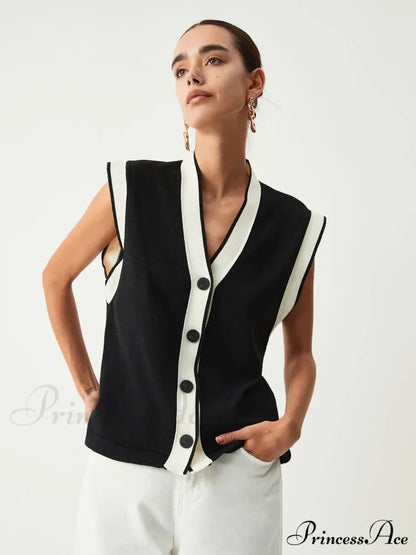 Contrast Trim Graceful Sweater Vest Sweaters-L