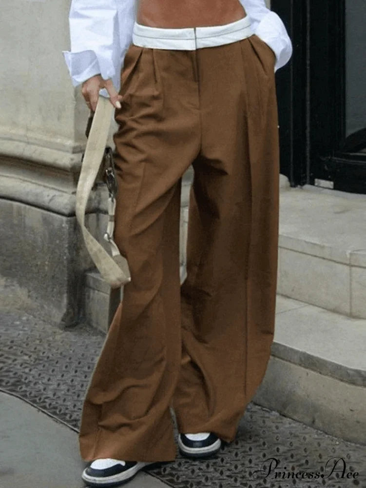 Contrast Waist Graceful Pleated Tailored Pants Brown / S