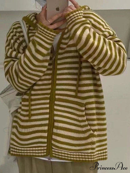 Contrasting Colors Striped Hooded Zipper Sweater Cardigan Casual Long-Sleeved Loose Hoodie Sweaters