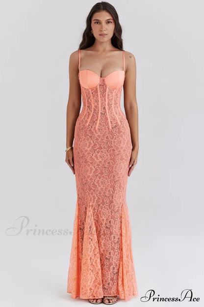 Cordelia Sorbet Lace Charming Godet Maxi Dress Xs / Orange