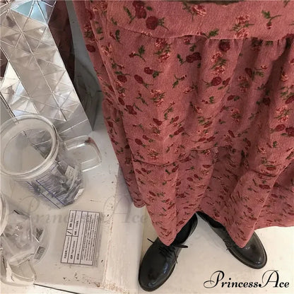 Corduroy High Waist Charming Floral Print Maxi Skirt Skirt