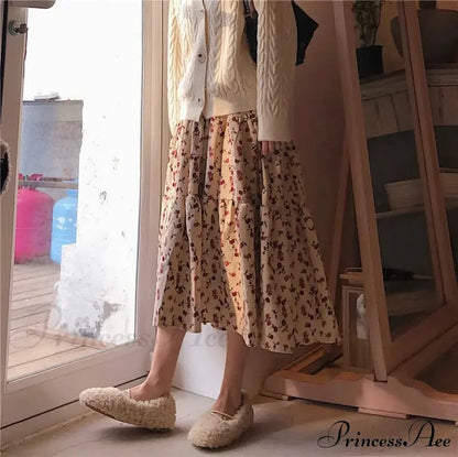 Corduroy High Waist Charming Floral Print Maxi Skirt Skirt