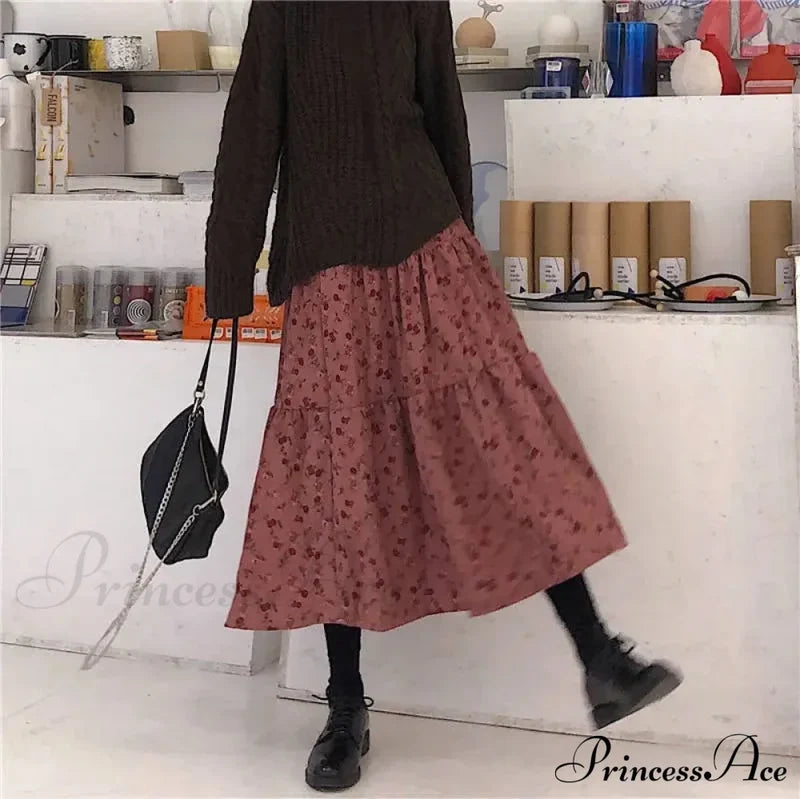 Corduroy High Waist Charming Floral Print Maxi Skirt Skirt