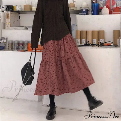 Corduroy High Waist Charming Floral Print Maxi Skirt Skirt