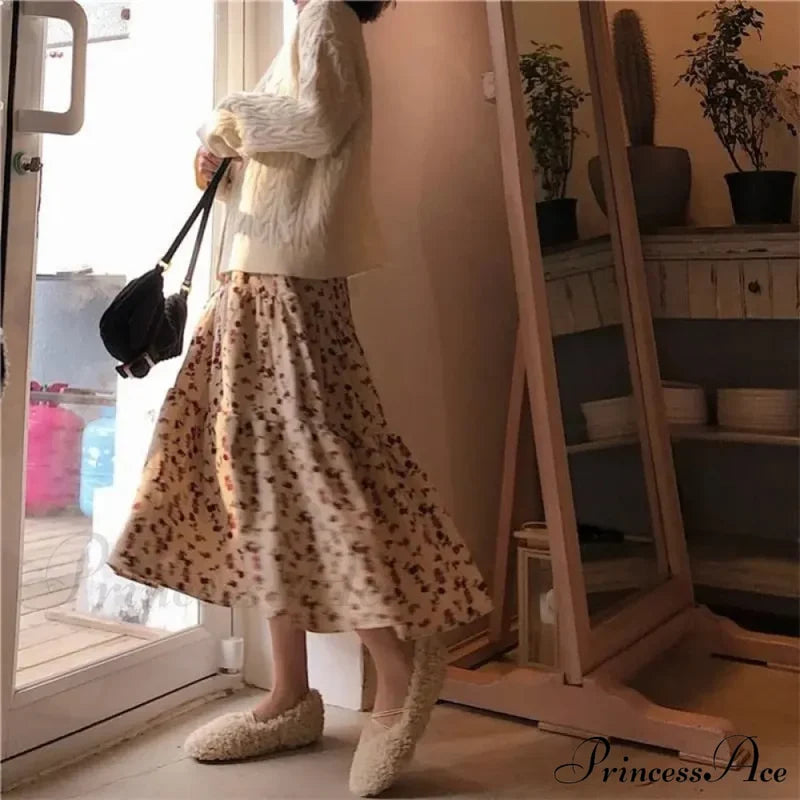 Corduroy High Waist Charming Floral Print Maxi Skirt Skirt