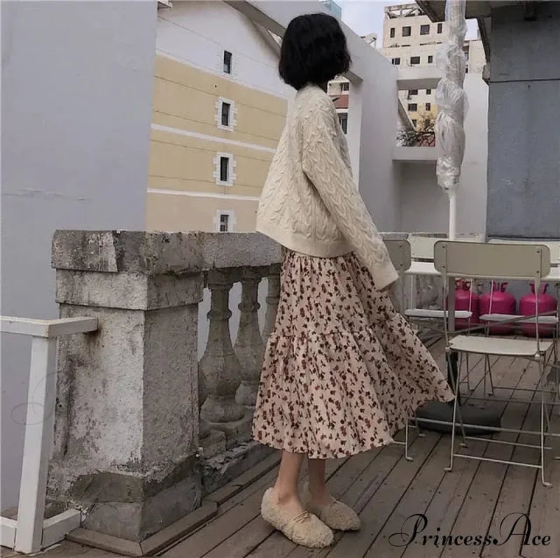 Corduroy High Waist Floral Print Maxi Skirt Free From Label