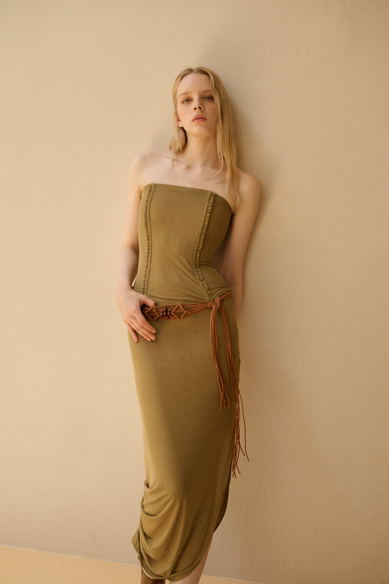 Corset-boned strapless mesh dress