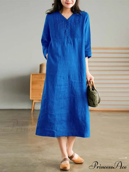 Cotton And Graceful Linen Dress Blue / M
