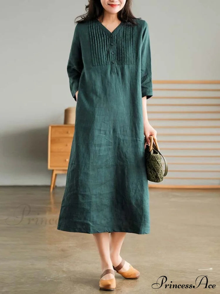 Cotton And Graceful Linen Dress Green / M