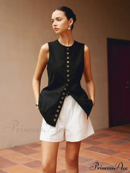 Cotton & Graceful Linen Button-Front Vest Black / Xs Vests