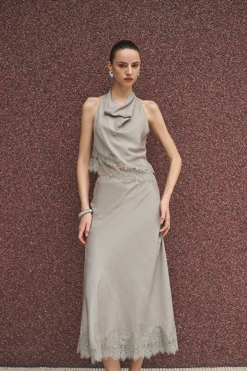 Cowl neck lace trim maxi set