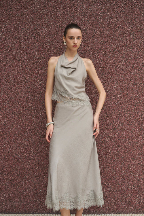 Cowl neck lace trim maxi set