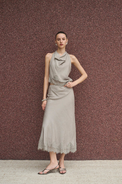 Cowl neck lace trim maxi set