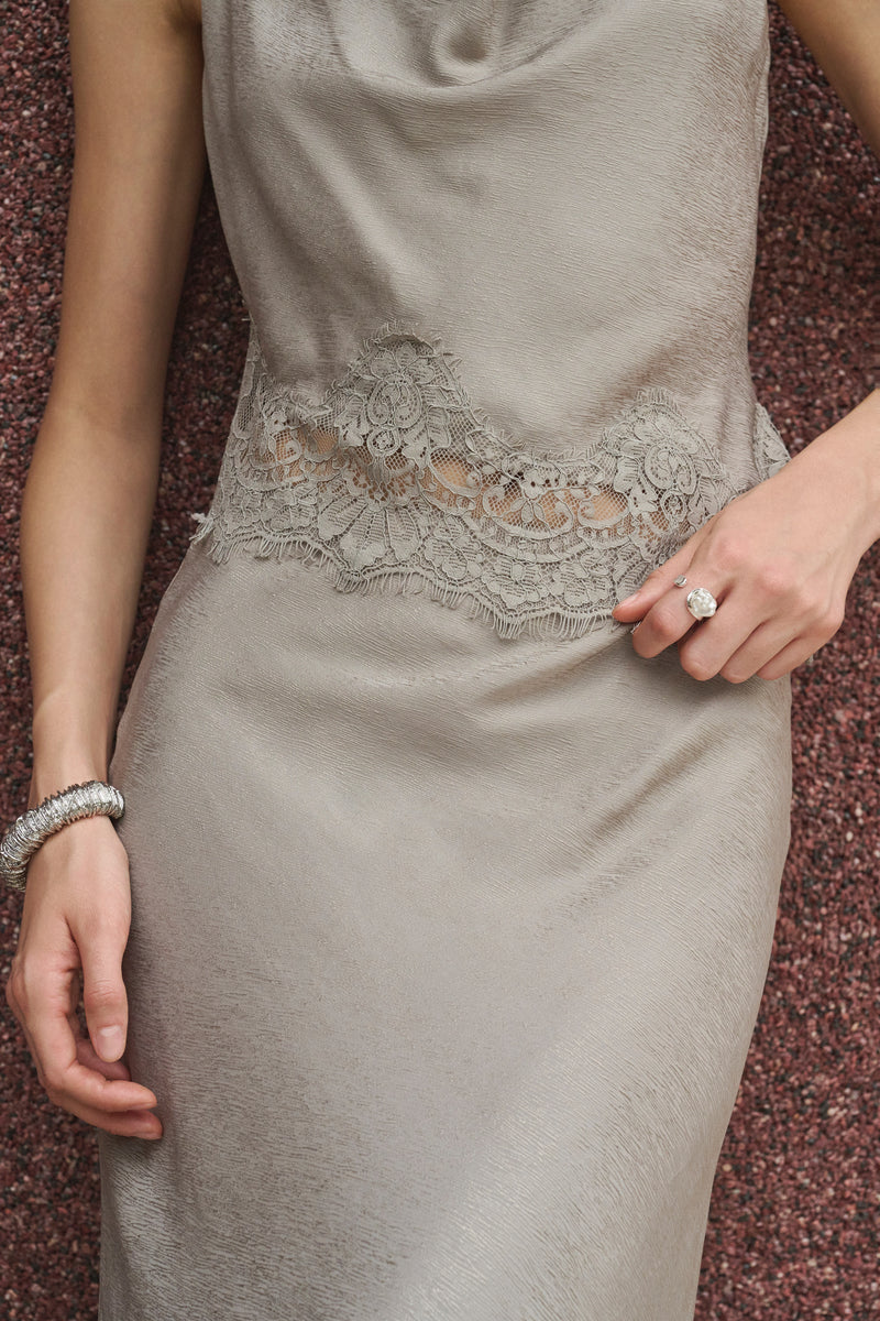 Cowl neck lace trim maxi set
