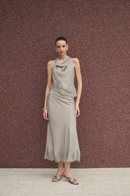 Cowl neck lace trim maxi set