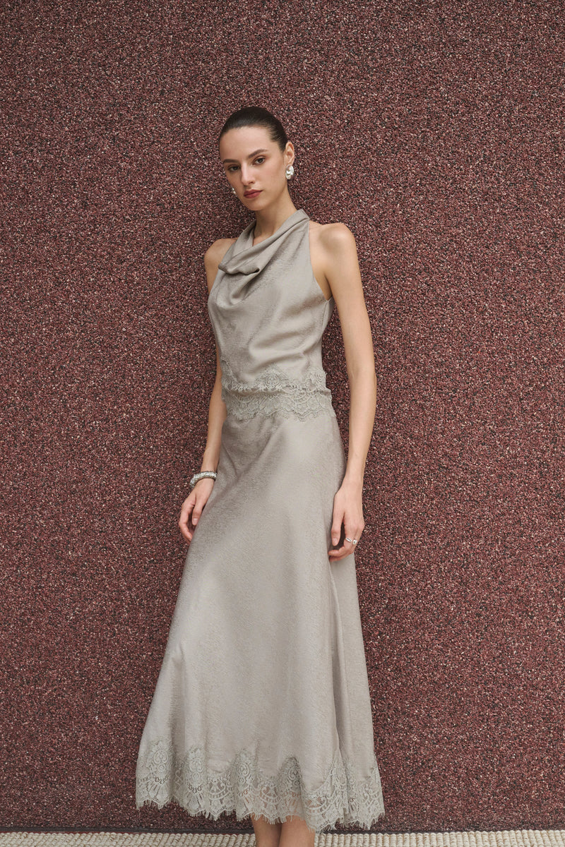 Cowl neck lace trim maxi set