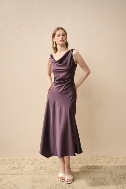 Cowl neck satin midi dress