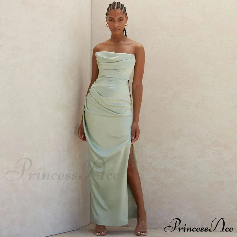 Cowl Neck Strapless Slit Modern Maxi Evening Dress - Black S / Green Formal Dresses