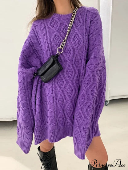 Cable Knit Leg Trendy Warmers With Flare Purple / S Sweaters-L