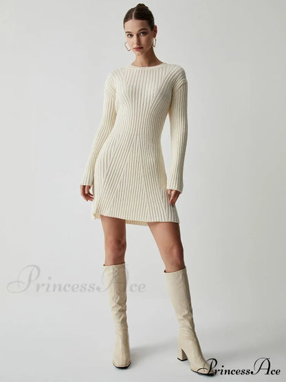 Cream Rib Long Trendy Sleeve Short Sweater Dress Sweaters-L
