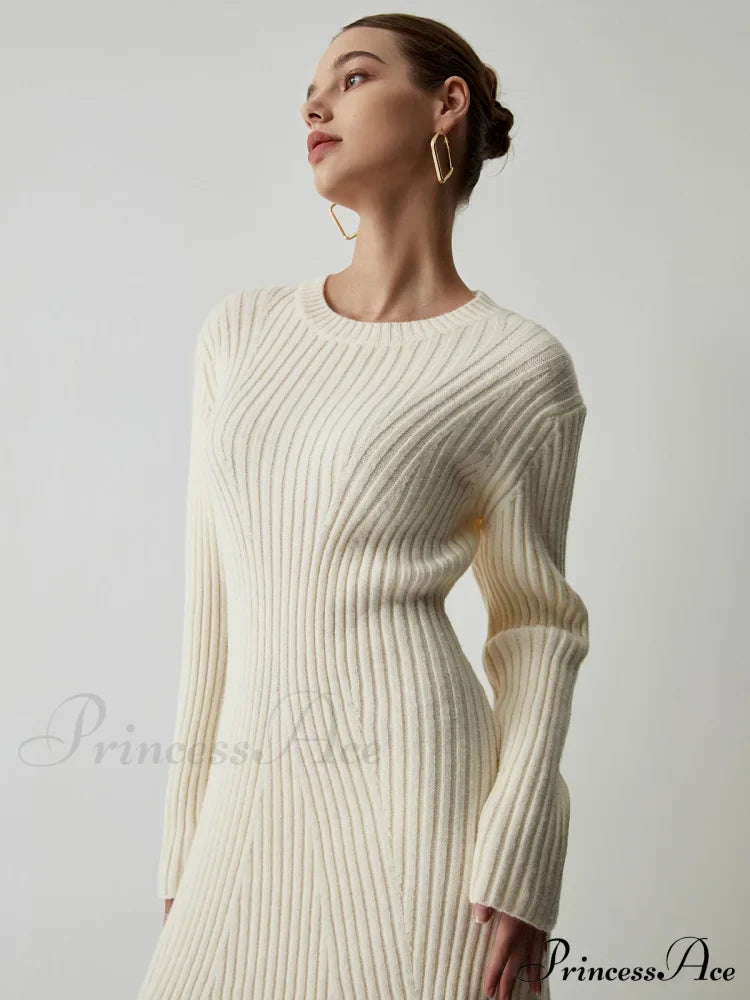 Cream Rib Long Trendy Sleeve Short Sweater Dress Sweaters-L