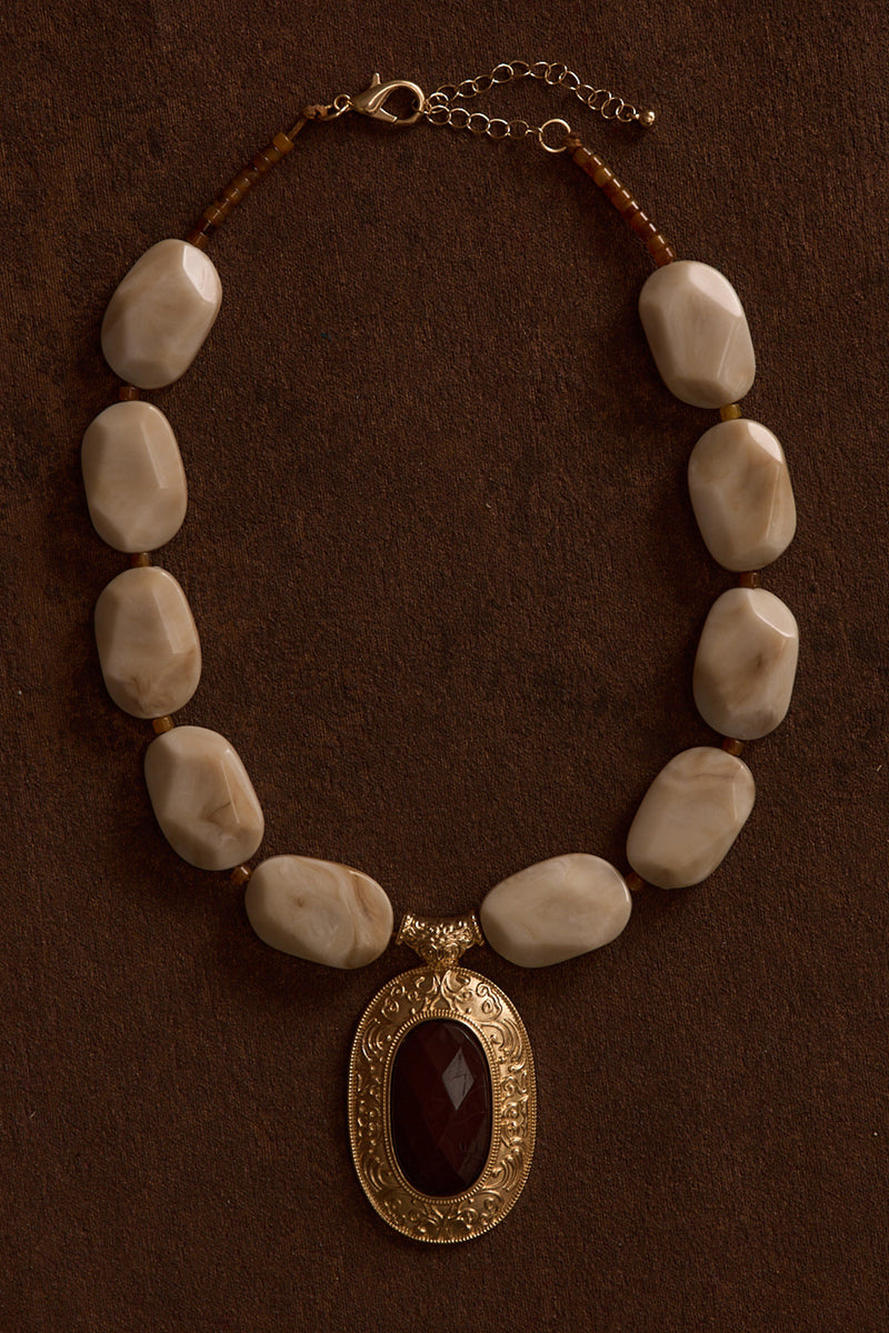 Cressida Pendant Necklace styled in a complete look from an alternate angle.