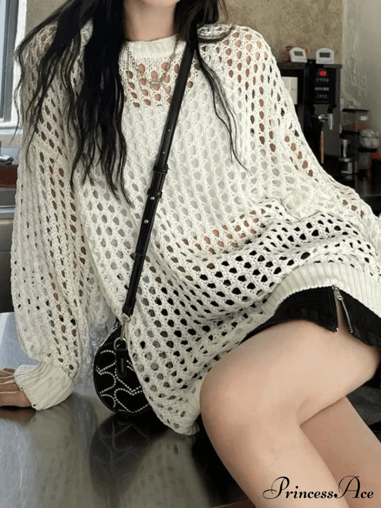 Crochet Long Sleeve Trendy Maxi Beach Dress White / S Sweaters