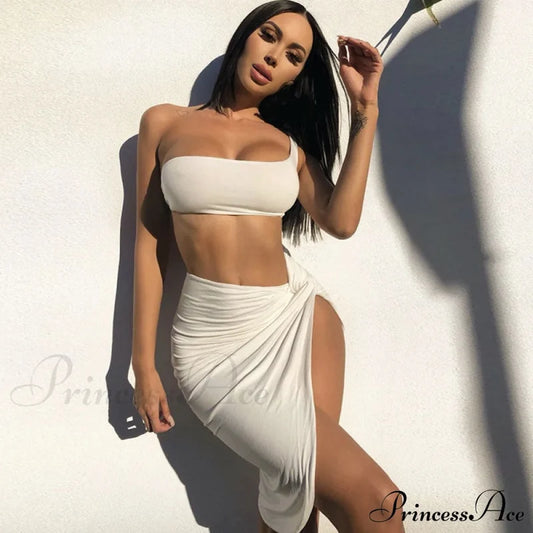 Cropped One Shoulder High Slit Classic Skirt Matching Set - Pink S / White Sets