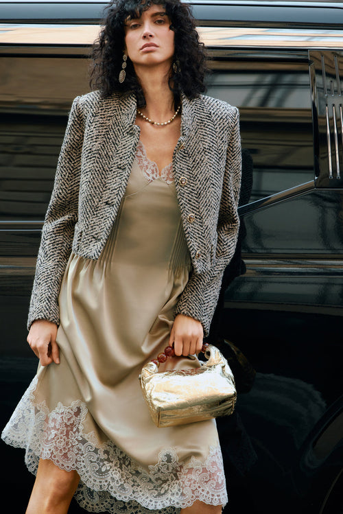 Cropped stand collar wool jacket
