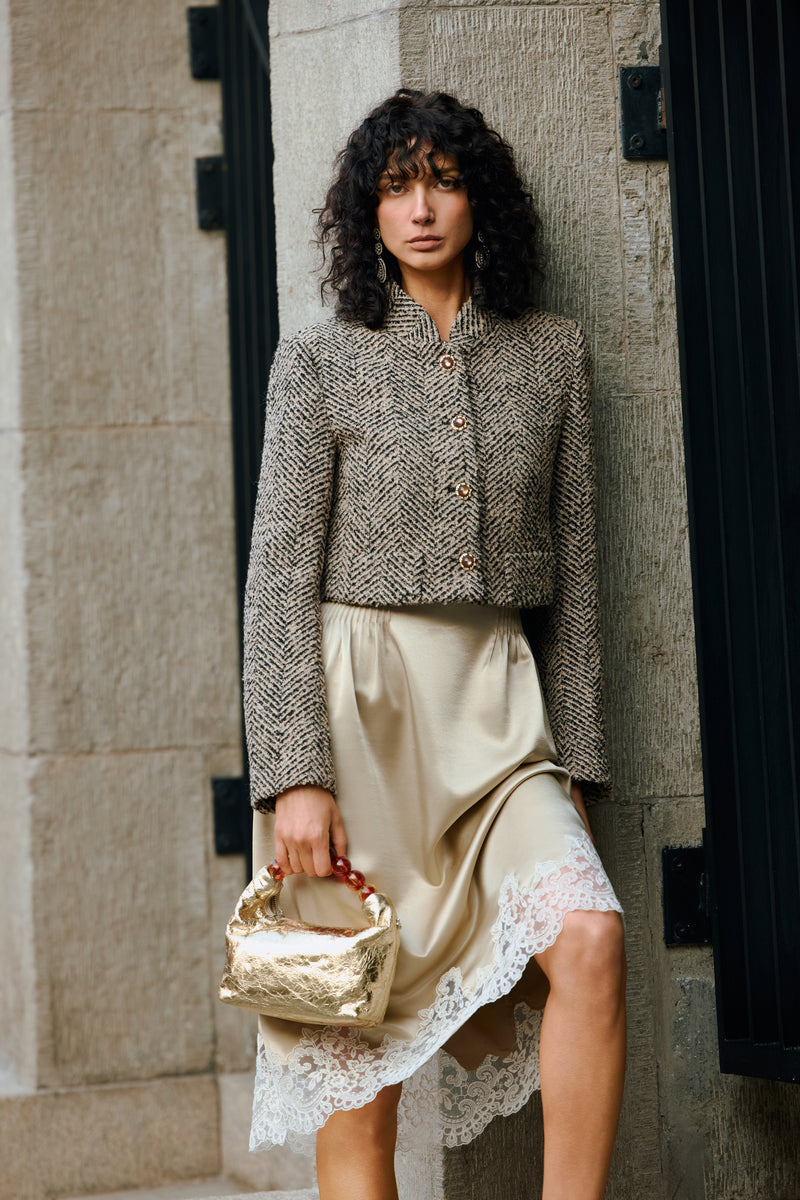 Cropped stand collar wool jacket
