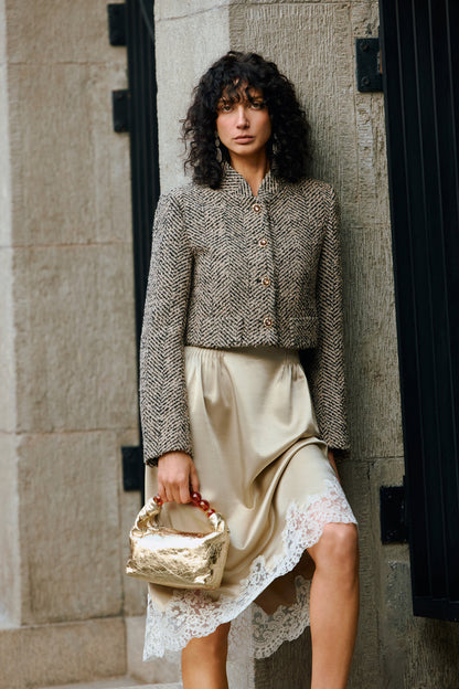 Cropped stand collar wool jacket