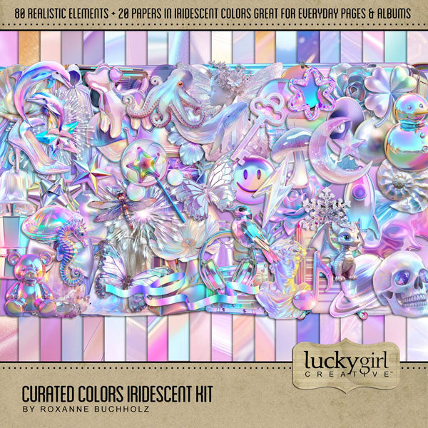 Collect the entire series of Curated Colors! Access your digital art in easy-to-use coordinated color palettes. Add these iridescent and holographic embellishments and papers by Lucky Girl Creative digital art to all your digital scrapbooking pages and mix-and-match them on various projects throughout the year! Iridescent embellishments include angel wings, bird, dolphin, octopus, seahorse, unicorn, whale, puppy dog, balloon, wedding bell, glass bottle, ribbon, bow, bowtie, bubble, baseball cap, and hat.